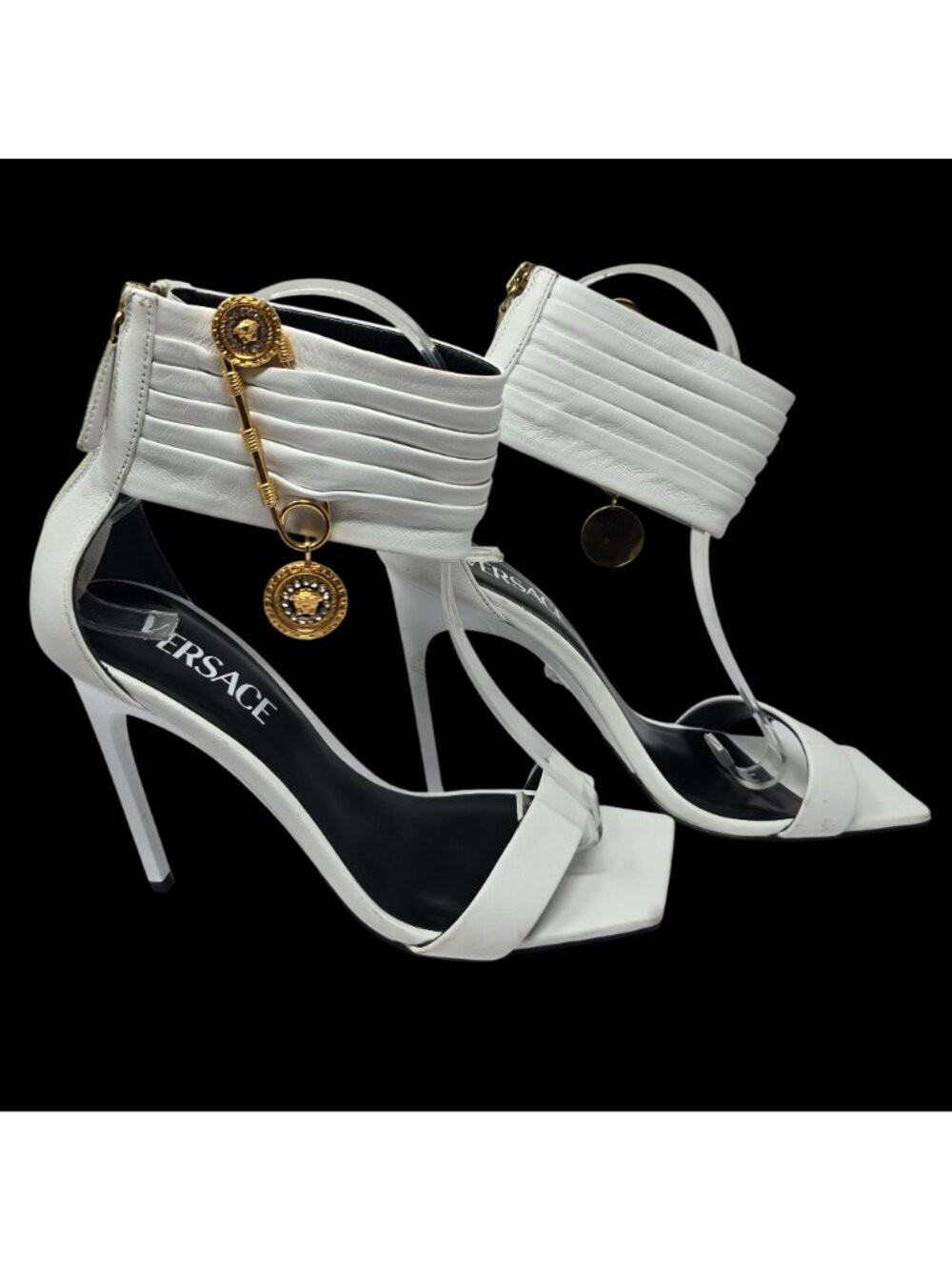 Versace White Leather High Heels With Gold Medusa Charm Details - Size 37.5 - Picture 4 of 12